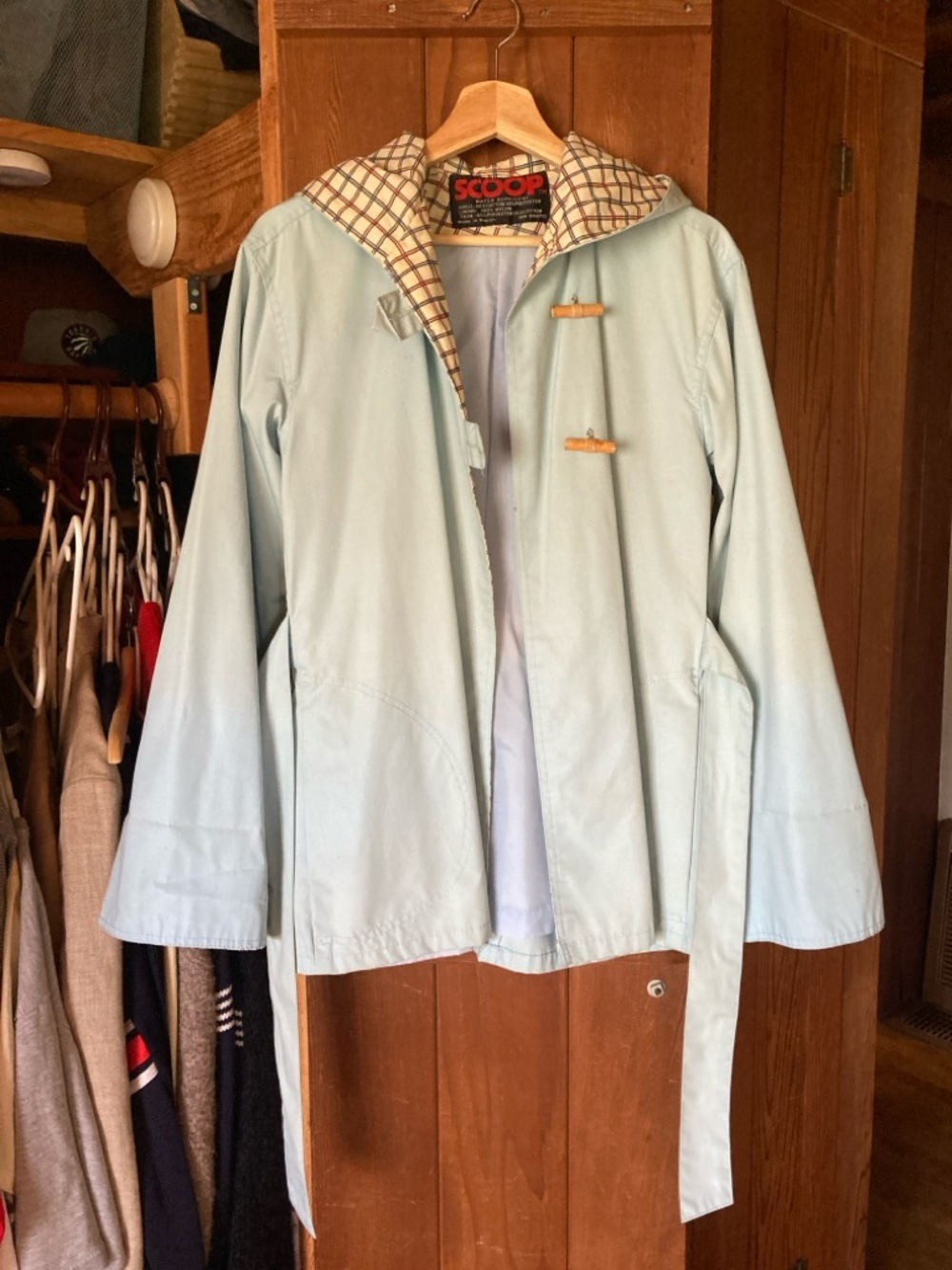 Vintage Scoop Light Blue Hooded Trench with Toggle Closures